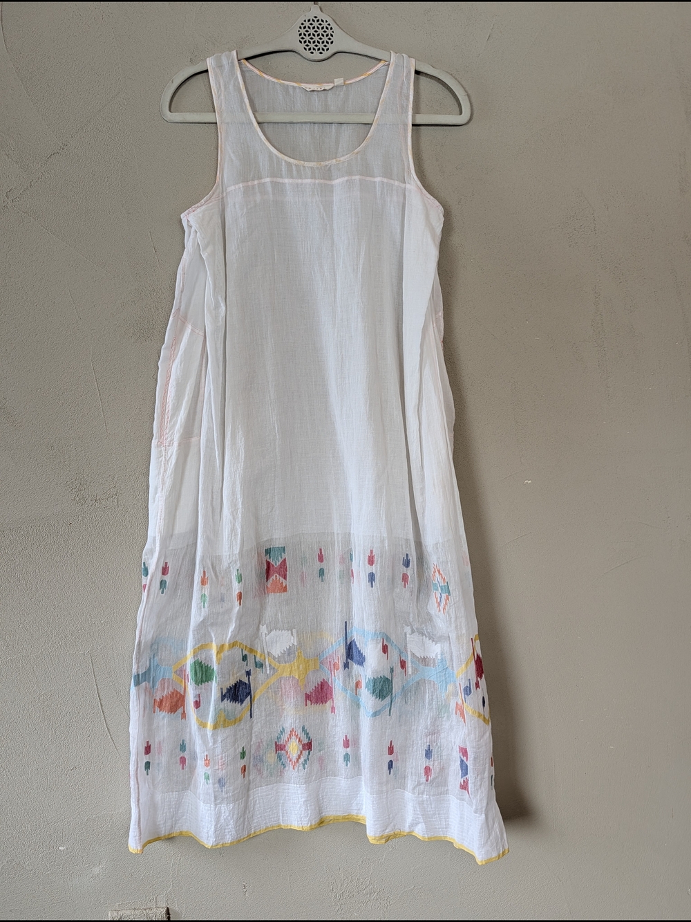 White Sleeveless Embroidered Midi Dress -Ikat Hand Woven Summer Dress